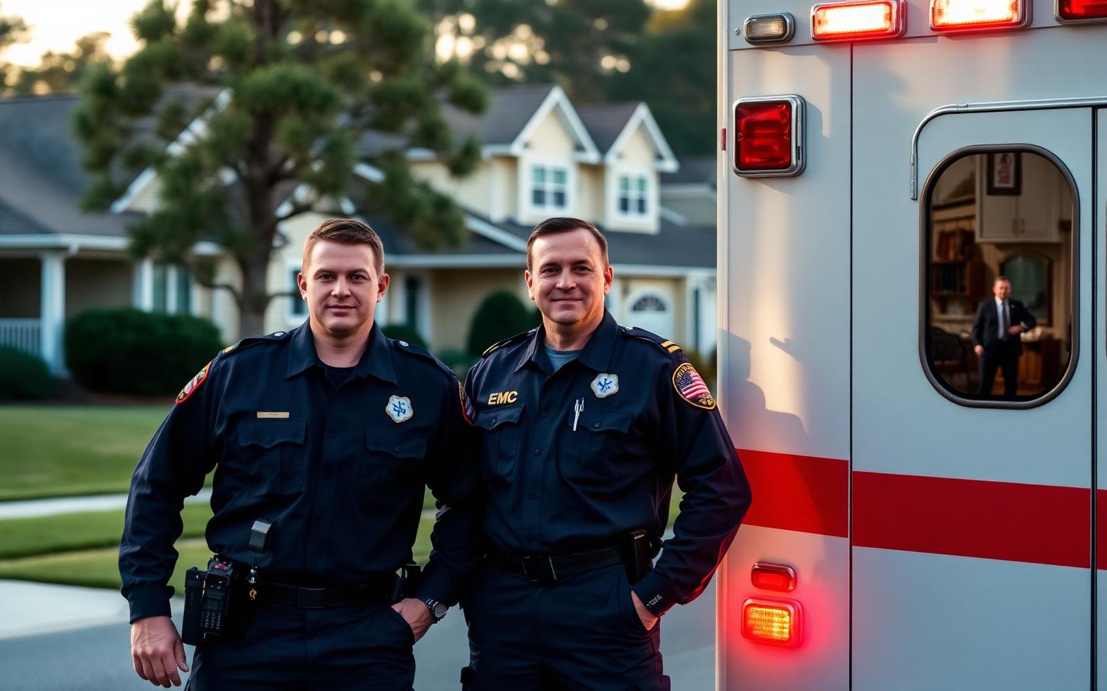 Two paramedics standing beside an ambulance in a suburban Upstate South Carolina neighborhood