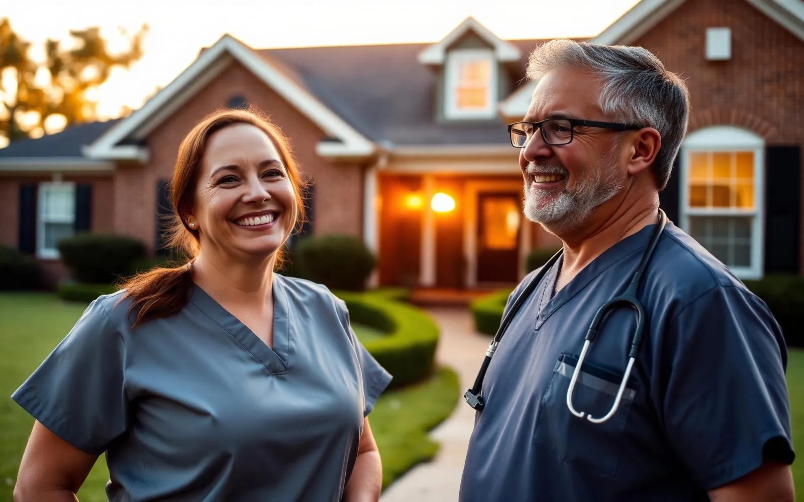 Healthcare heroes in scrubs standing in front of a brick home in Upstate South Carolina