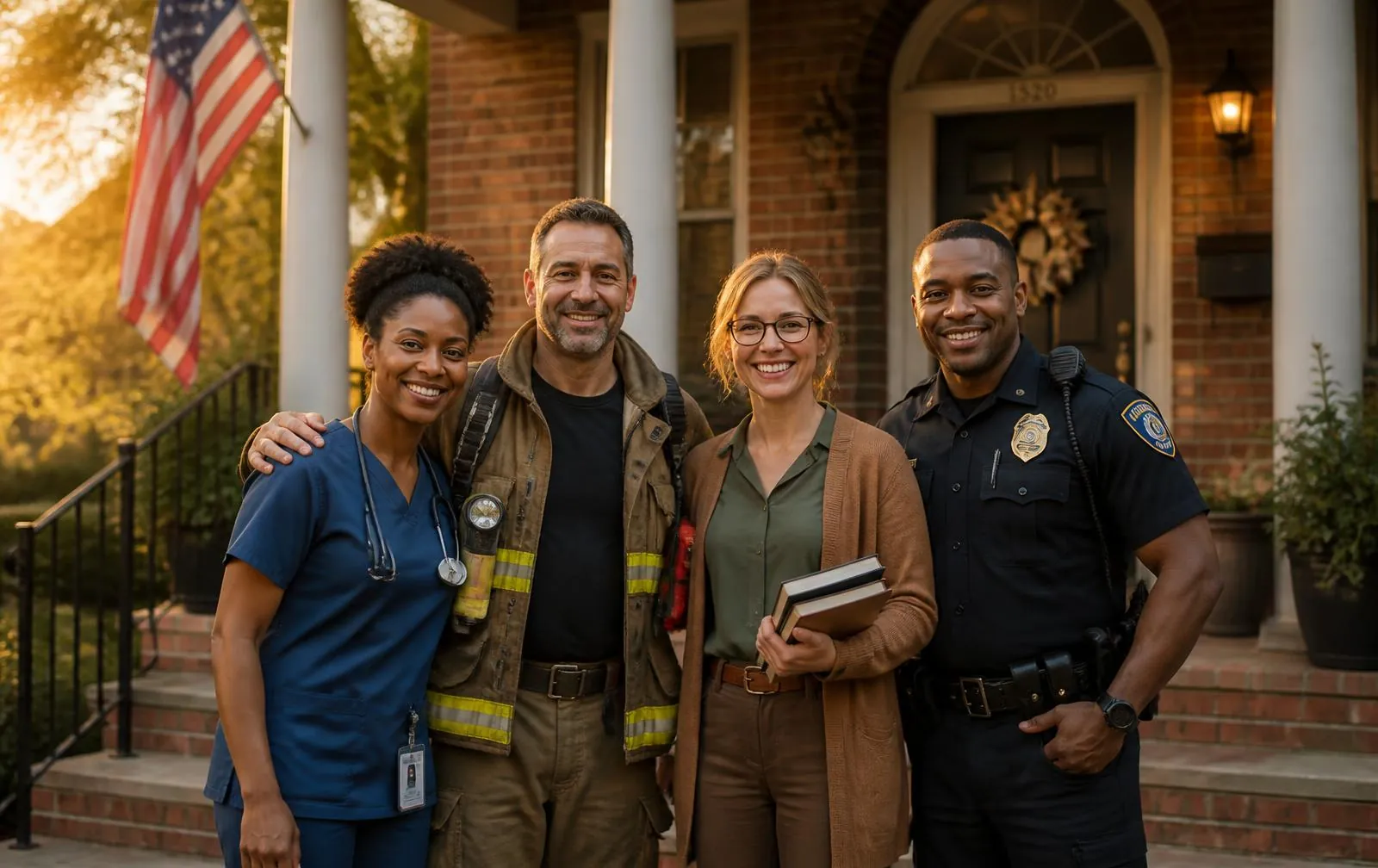 A nurse, firefighter, teacher, and police officer standing on the porch of a South Carolina home