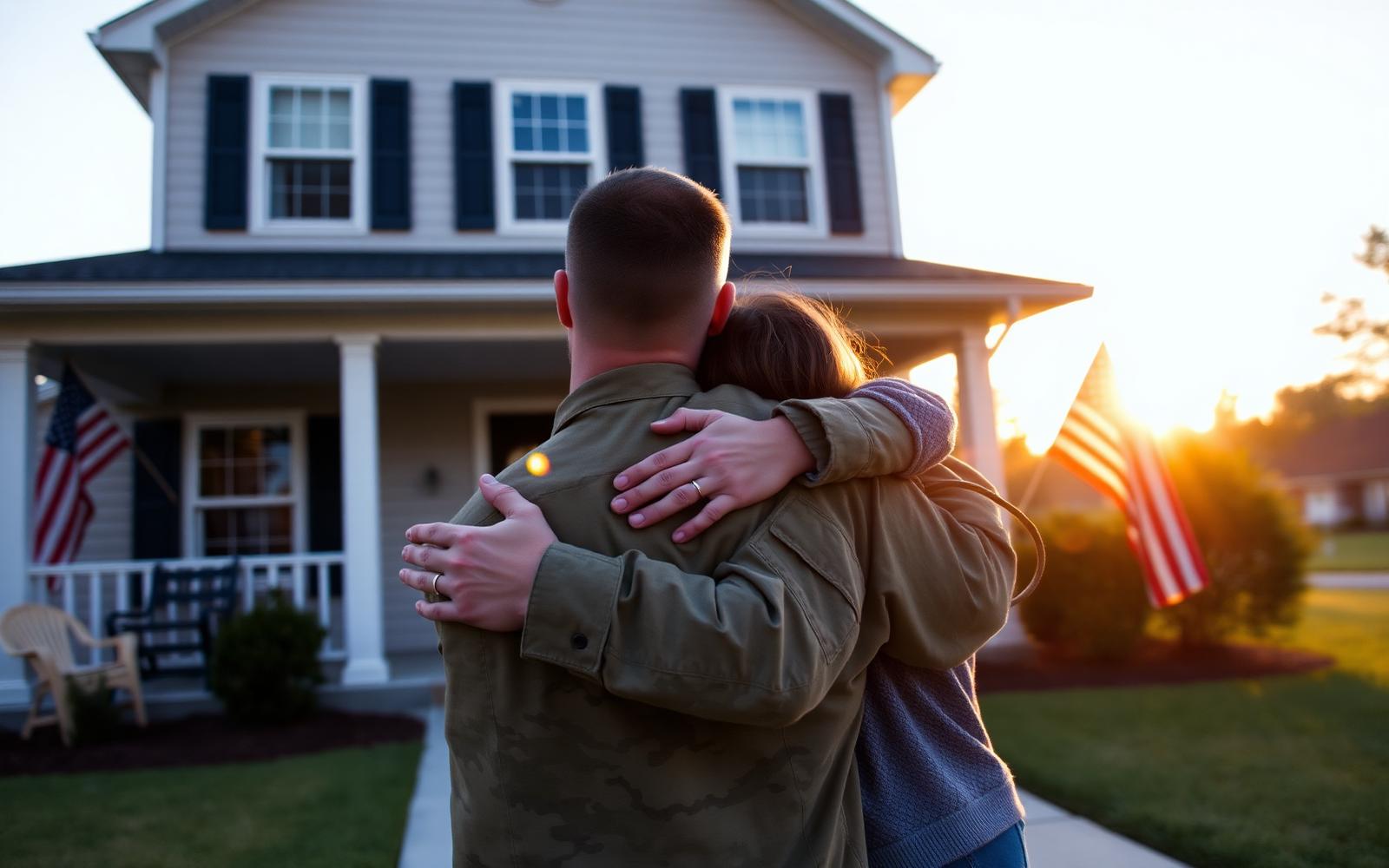 A service member embracing family in front of a home with an American flag in Upstate South Carolina