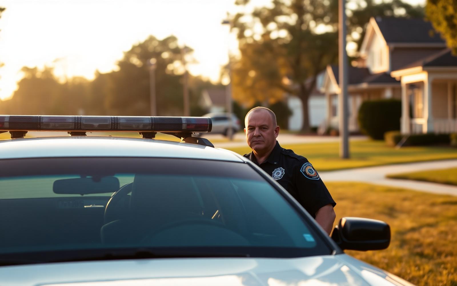 A police officer standing beside a patrol car in a suburban Upstate South Carolina neighborhood