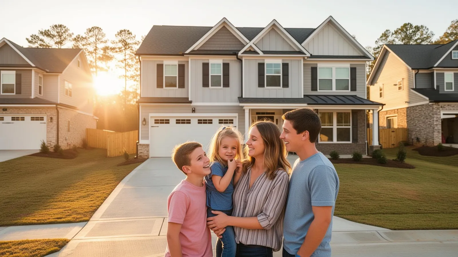 Family in front of new home