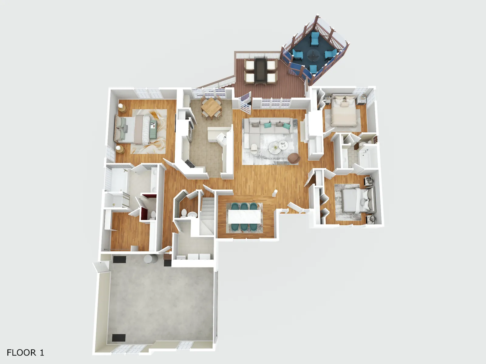 Rendered 3D floor plan of a single-story home